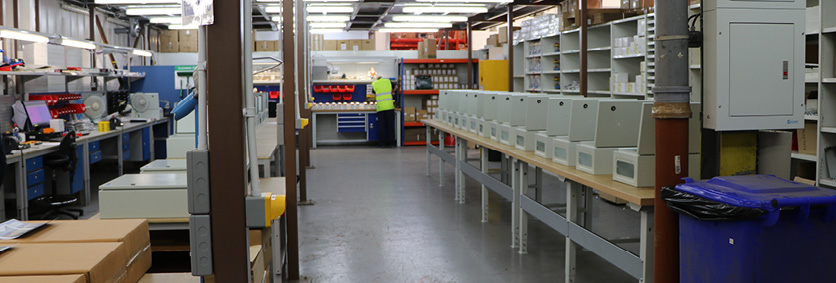 Europa's Production Department showing enclosures on the workbench ready for switches to go in